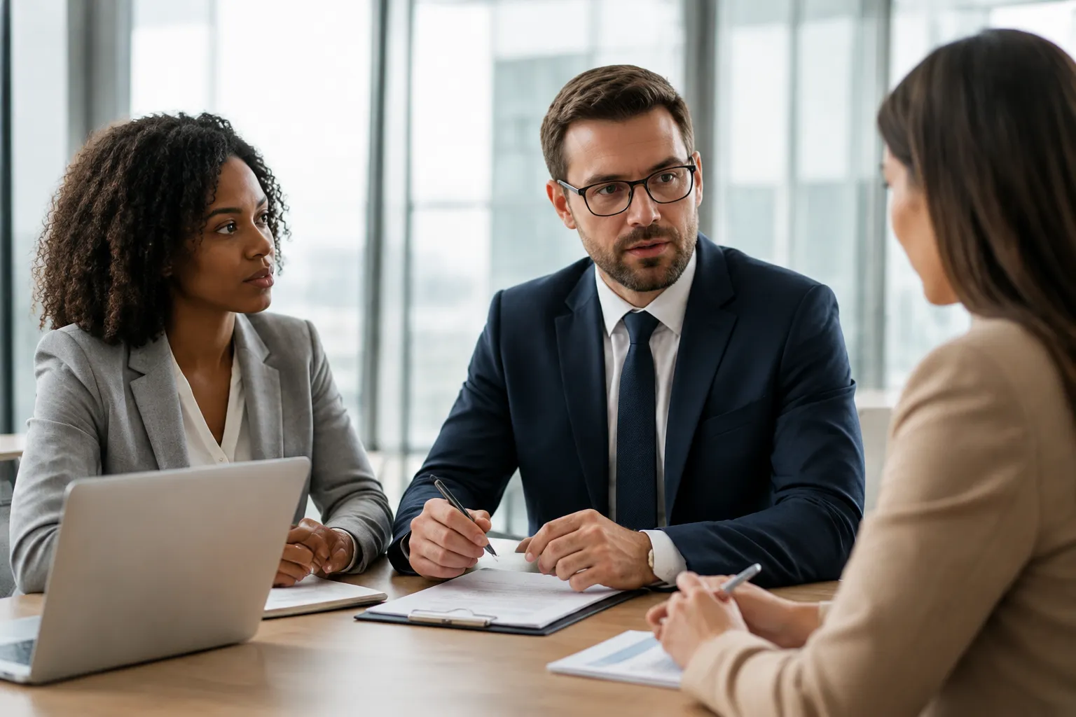 Três profissionais reunidos para uma consultoria empresarial