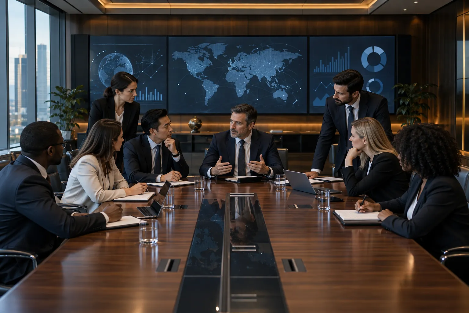 Equipe executiva reunida para definir uma estratégia de negócios