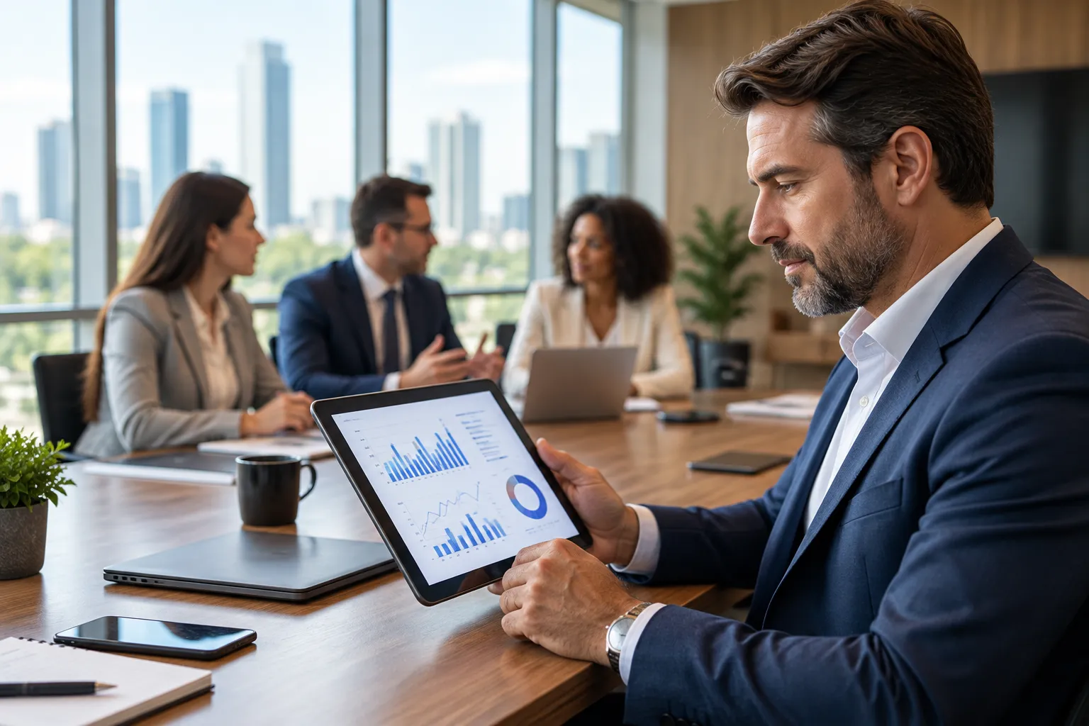 Consultor analisando indicadores financeiros em um tablet durante uma reunião