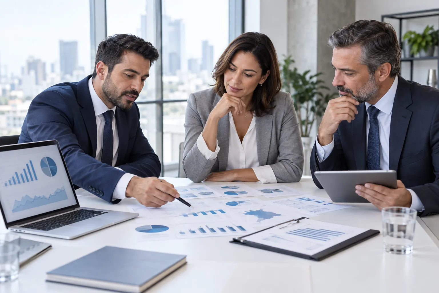 Três consultores analisando gráficos e cenários fiscais em uma reunião